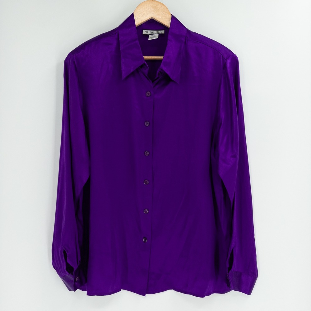 Vintage Purple Silk Top Woman 16W Long Sleeve Vibrant Y2K Jewel Tone Flowy Royal
